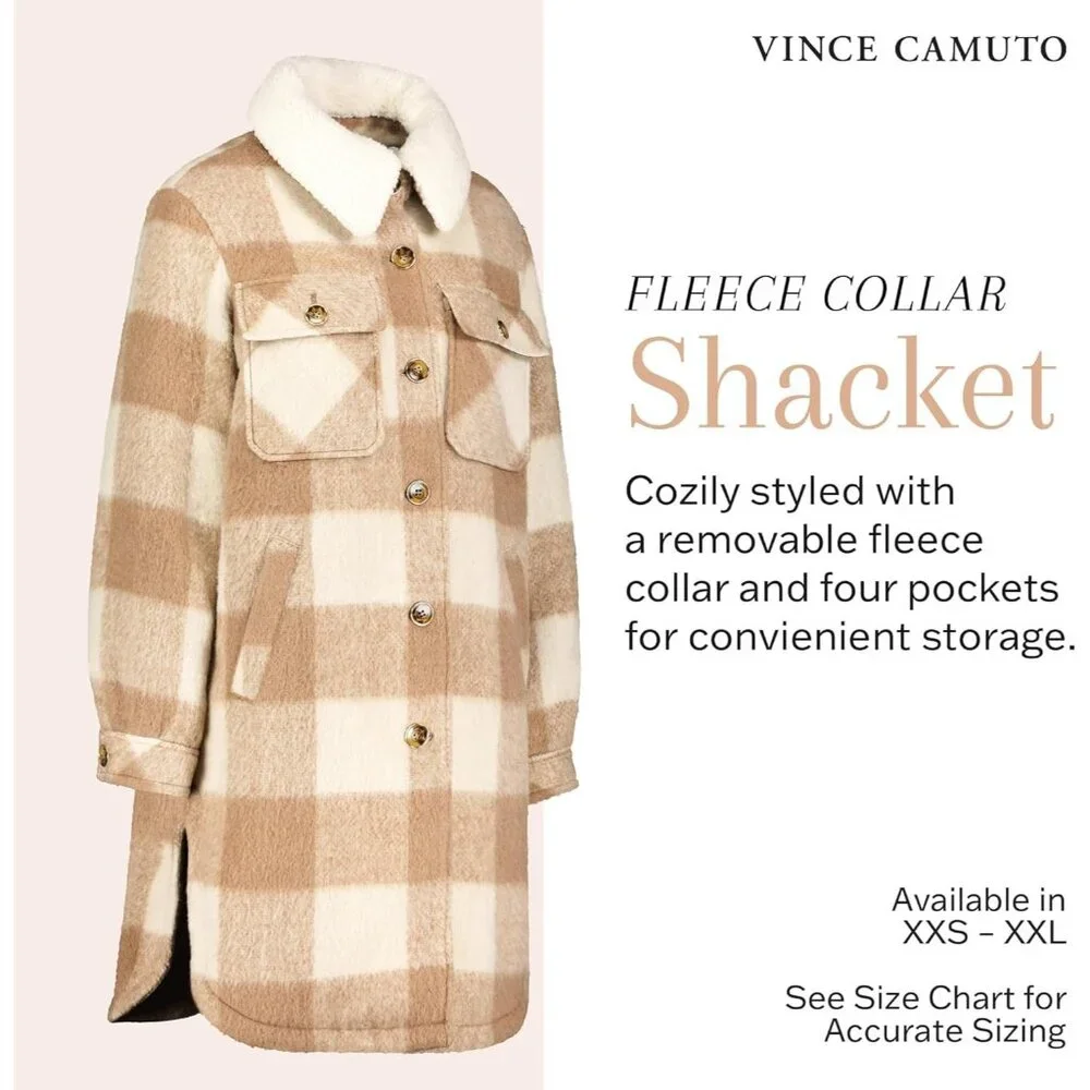 ✨Women Cream Fleece Collar Front Button Closures Shacket Long Plaid Coat Jacket - Picture 2 of 7